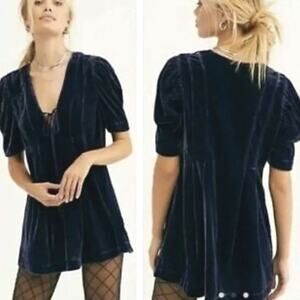 Free People Adelle Velvet Dress Indigo‎ Lost Blue Shory Sleeve Size Medium